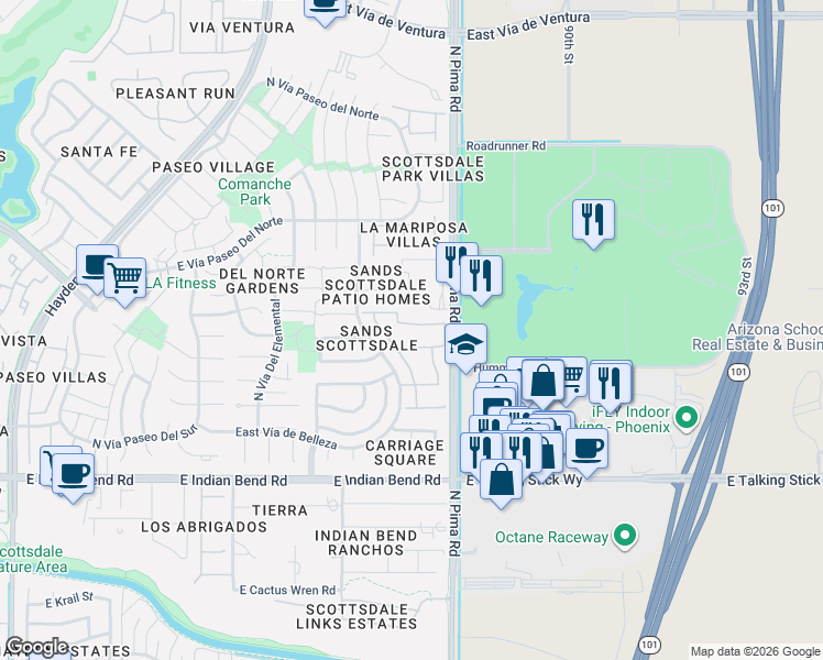 map of restaurants, bars, coffee shops, grocery stores, and more near 8744 East Vía De Dorado in Scottsdale