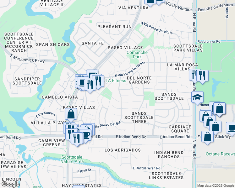 map of restaurants, bars, coffee shops, grocery stores, and more near 7350 North Vía Paseo Del Sur in Scottsdale