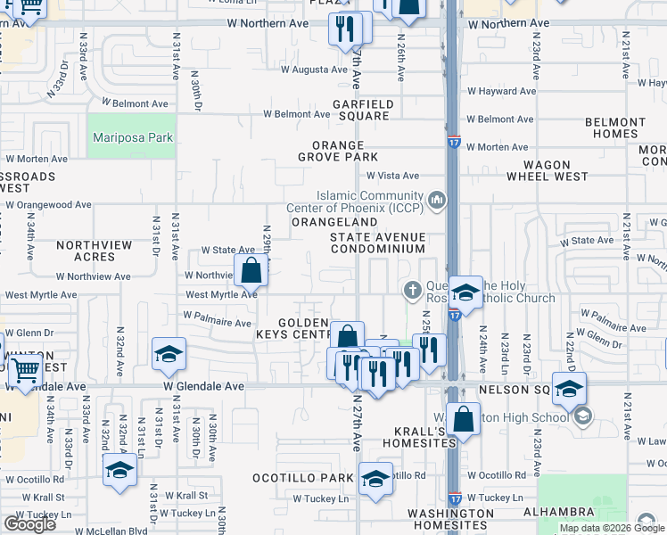map of restaurants, bars, coffee shops, grocery stores, and more near 7220 North 27th Avenue in Phoenix