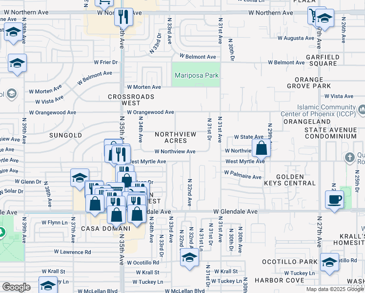 map of restaurants, bars, coffee shops, grocery stores, and more near 3232 West Northview Avenue in Phoenix