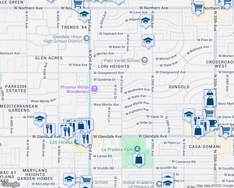 map of restaurants, bars, coffee shops, grocery stores, and more near 7224 North 41st Avenue in Phoenix