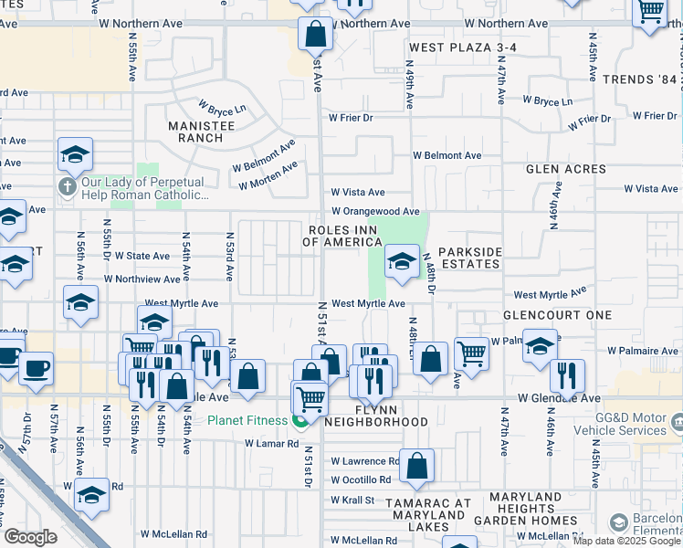map of restaurants, bars, coffee shops, grocery stores, and more near in Glendale