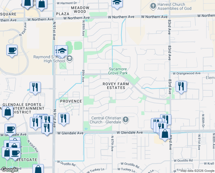 map of restaurants, bars, coffee shops, grocery stores, and more near 7317 North 87th Drive in Glendale