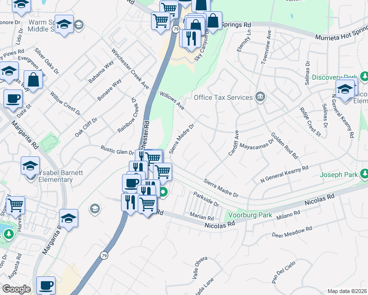 map of restaurants, bars, coffee shops, grocery stores, and more near 39292 Vía Curvado in Murrieta