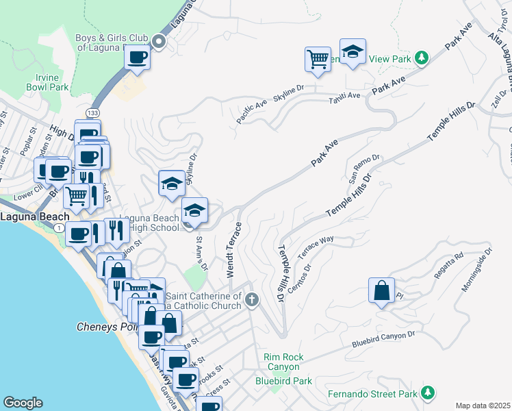 map of restaurants, bars, coffee shops, grocery stores, and more near 528 Temple Hills Drive in Laguna Beach
