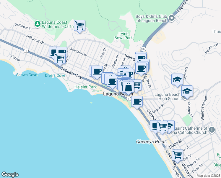 map of restaurants, bars, coffee shops, grocery stores, and more near in Laguna Beach