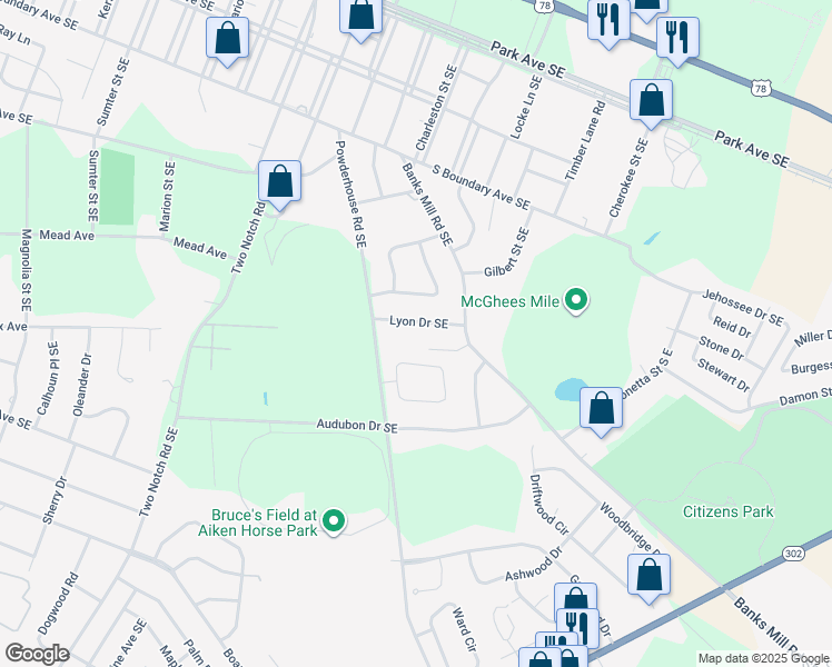 map of restaurants, bars, coffee shops, grocery stores, and more near 1429 Lyon Drive Southeast in Aiken