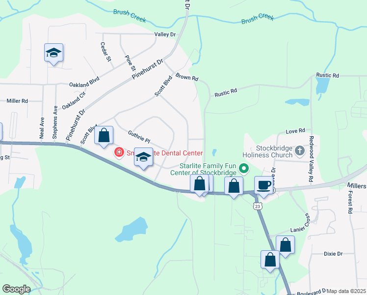 map of restaurants, bars, coffee shops, grocery stores, and more near 315 Charlotte Boulevard in Stockbridge