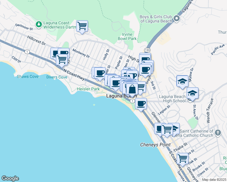 map of restaurants, bars, coffee shops, grocery stores, and more near 212 North Coast Highway in Laguna Beach