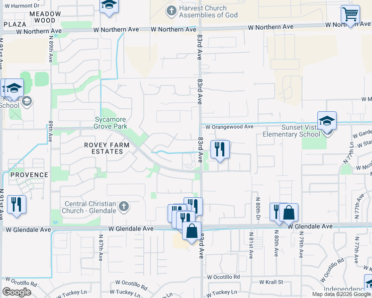 map of restaurants, bars, coffee shops, grocery stores, and more near 7348 North 83rd Avenue in Glendale