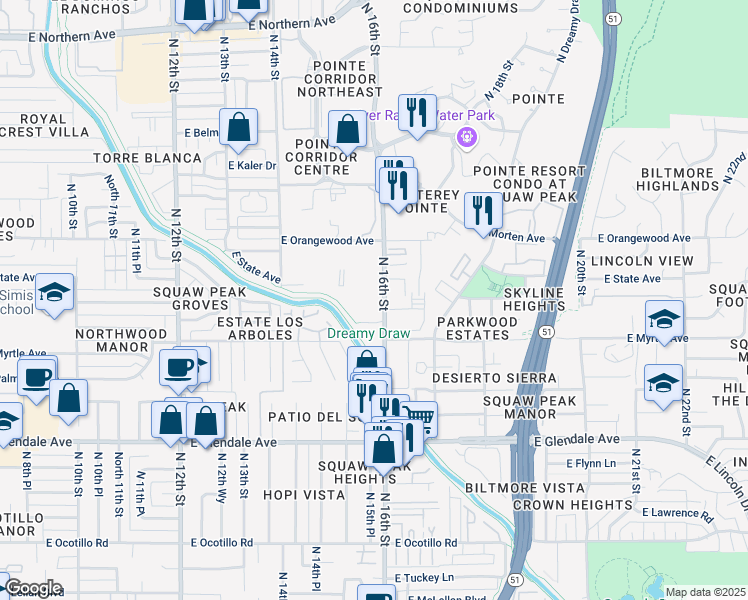 map of restaurants, bars, coffee shops, grocery stores, and more near East Nicolet Avenue in Phoenix