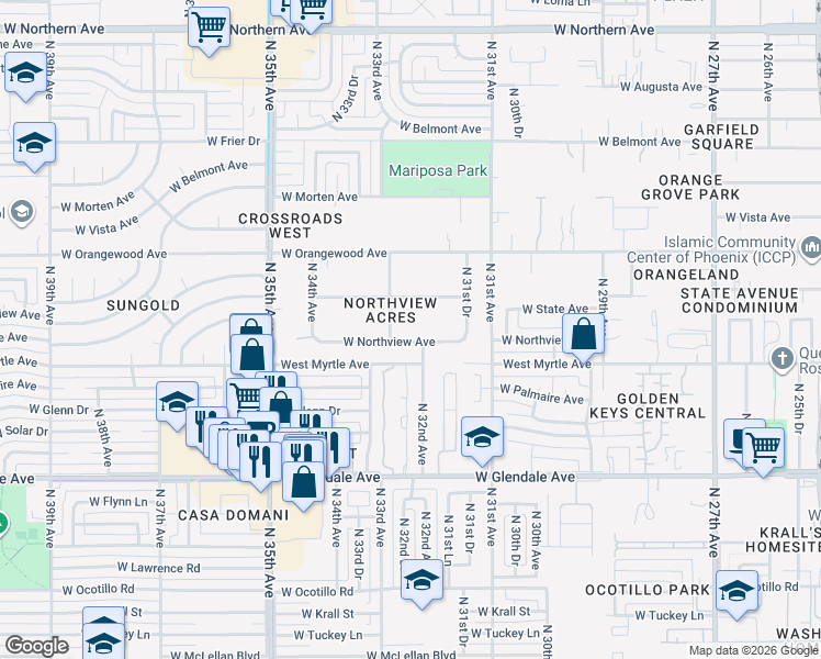 map of restaurants, bars, coffee shops, grocery stores, and more near 3240 West Northview Avenue in Phoenix
