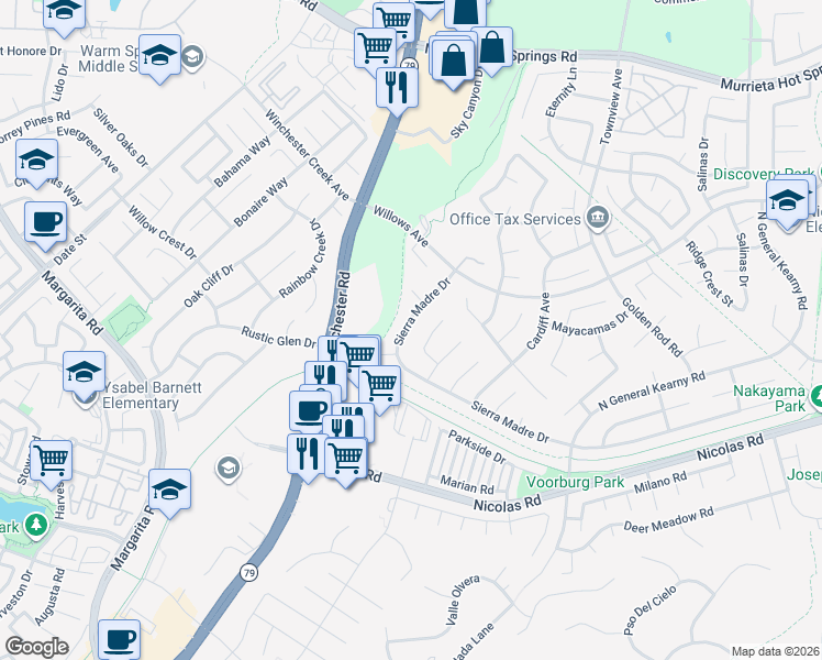 map of restaurants, bars, coffee shops, grocery stores, and more near 27288 Sierra Madre Drive in Murrieta
