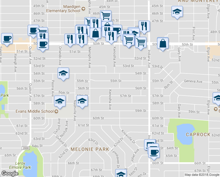 map of restaurants, bars, coffee shops, grocery stores, and more near 5602 Kenosha Avenue in Lubbock