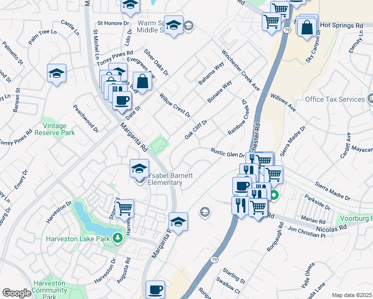 map of restaurants, bars, coffee shops, grocery stores, and more near 39741 Rustic Glen Drive in Temecula