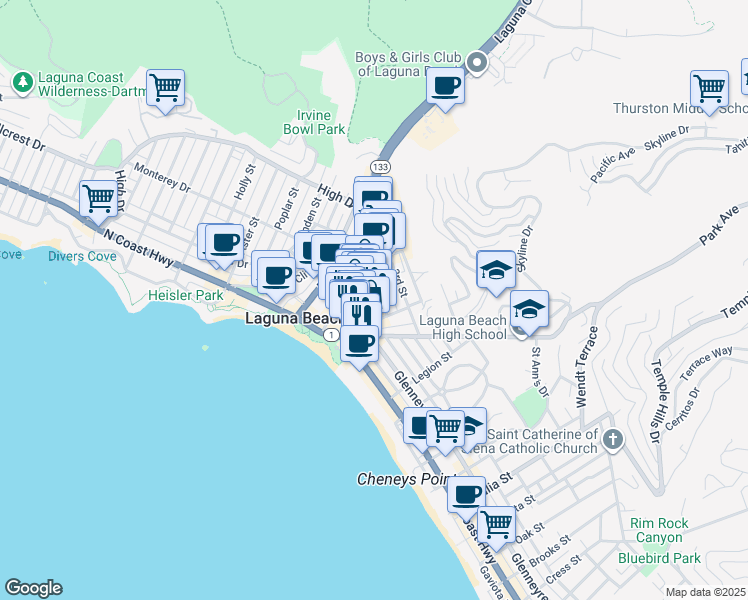map of restaurants, bars, coffee shops, grocery stores, and more near 395 2nd Street in Laguna Beach