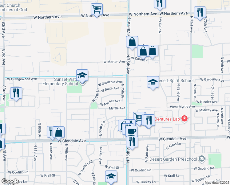 map of restaurants, bars, coffee shops, grocery stores, and more near 7583 West Northview Avenue in Glendale