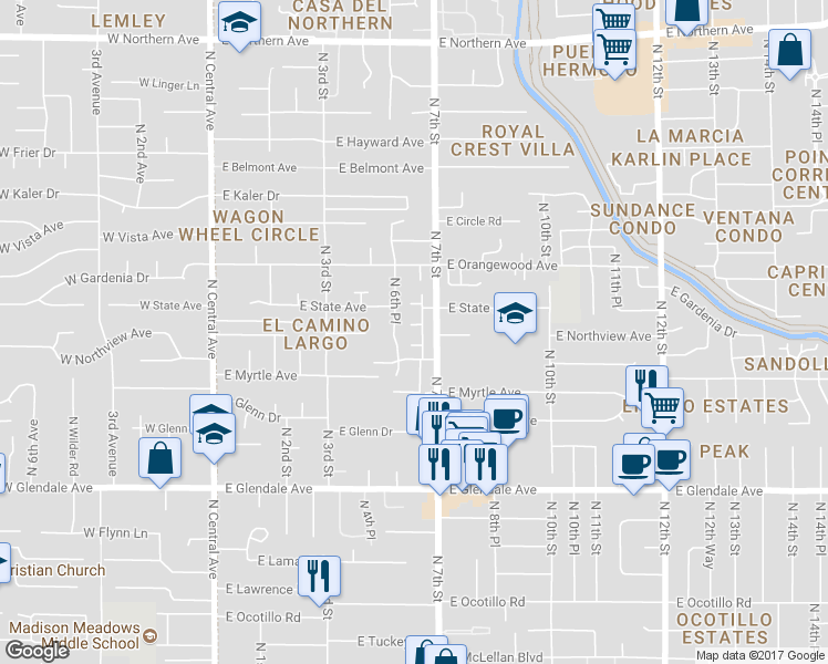 map of restaurants, bars, coffee shops, grocery stores, and more near 7231 North 6th Place in Phoenix