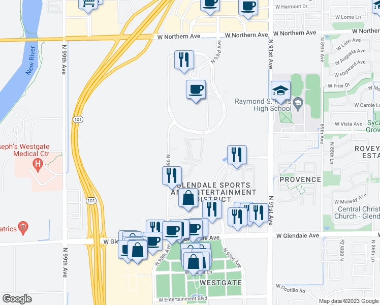 map of restaurants, bars, coffee shops, grocery stores, and more near 7455 North 95th Avenue in Glendale