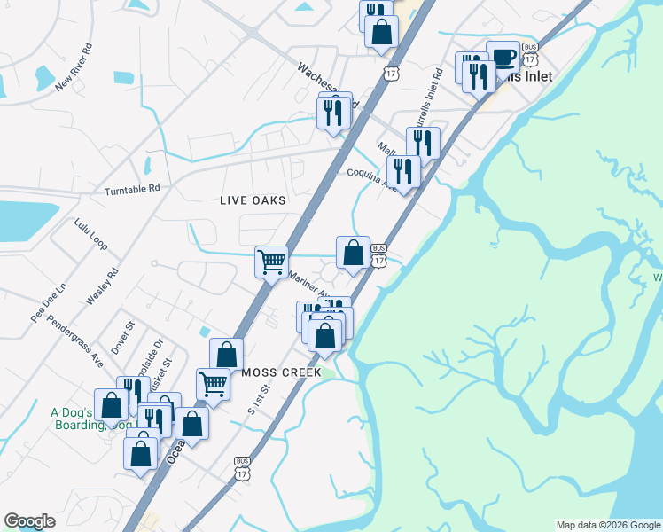 map of restaurants, bars, coffee shops, grocery stores, and more near 41 Moss Creek Loop in Murrells Inlet