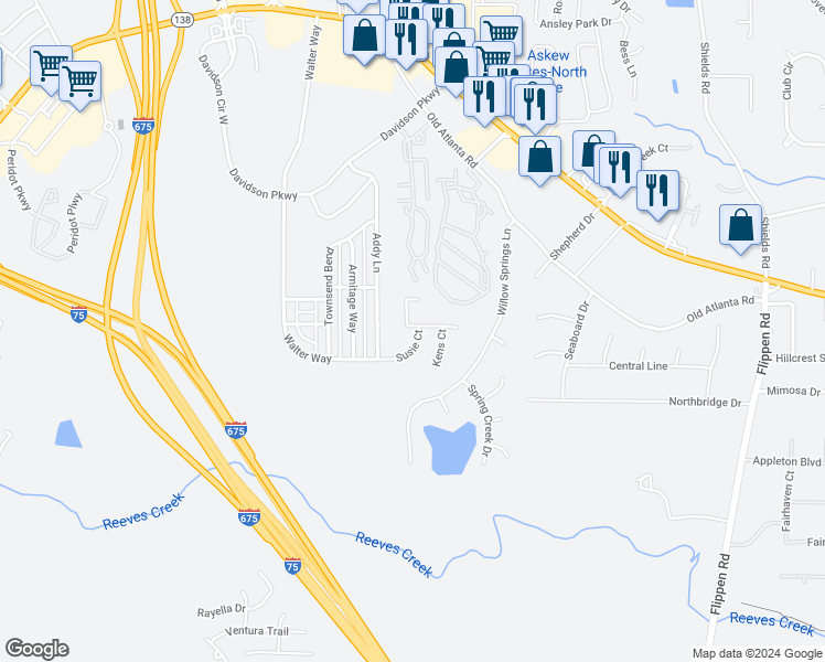 map of restaurants, bars, coffee shops, grocery stores, and more near 3525 Susie Court in Stockbridge