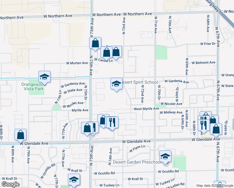 map of restaurants, bars, coffee shops, grocery stores, and more near 7355 West Orangewood Avenue in Glendale