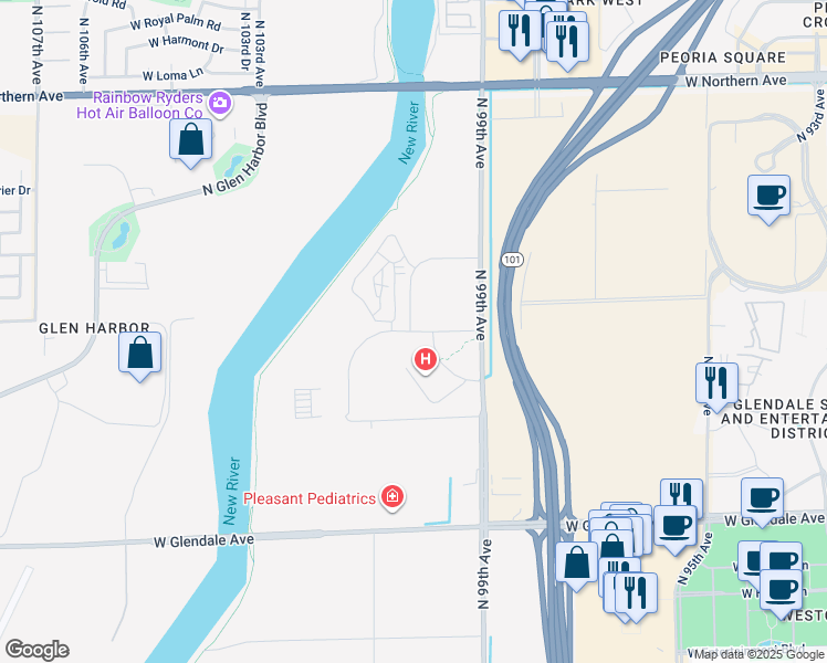 map of restaurants, bars, coffee shops, grocery stores, and more near West Desert River Boulevard in Glendale