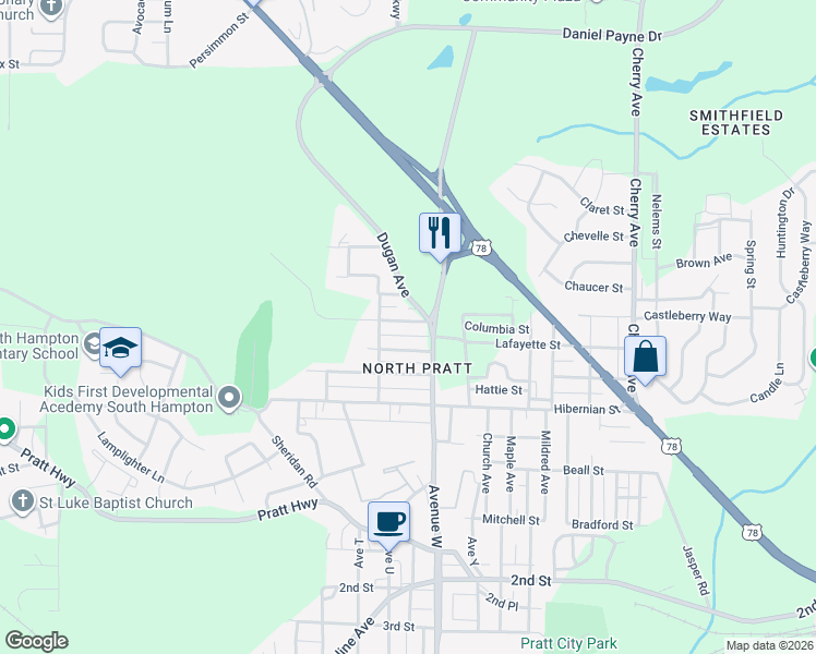 map of restaurants, bars, coffee shops, grocery stores, and more near 1024 Lafayette Street in Birmingham