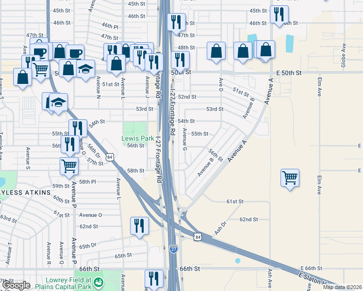map of restaurants, bars, coffee shops, grocery stores, and more near 5427 Interstate 27 in Lubbock