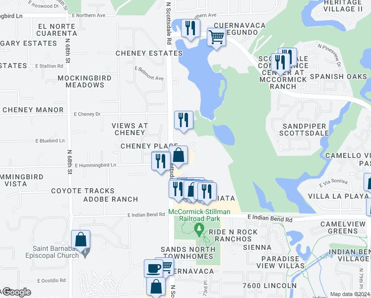 map of restaurants, bars, coffee shops, grocery stores, and more near 7291 North Scottsdale Road in Scottsdale
