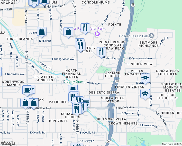 map of restaurants, bars, coffee shops, grocery stores, and more near 7230 North Dreamy Draw Drive in Phoenix
