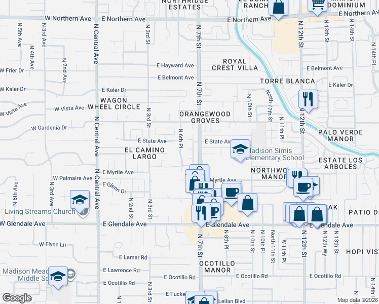 map of restaurants, bars, coffee shops, grocery stores, and more near 7231 North 6th Place in Phoenix