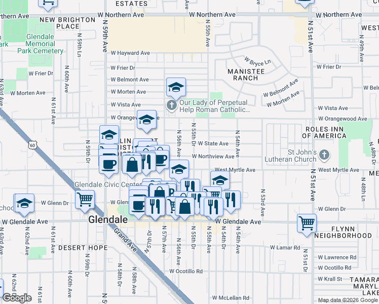 map of restaurants, bars, coffee shops, grocery stores, and more near 5539 West Northview Avenue in Glendale