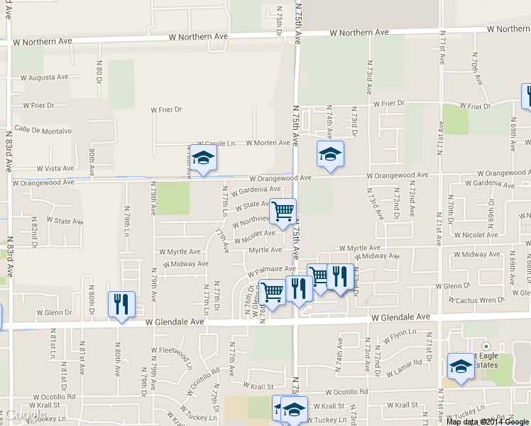 map of restaurants, bars, coffee shops, grocery stores, and more near 7583 West Northview Avenue in Glendale