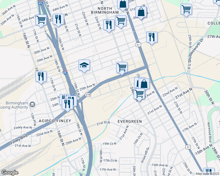 map of restaurants, bars, coffee shops, grocery stores, and more near 2403 21st Street North in Birmingham