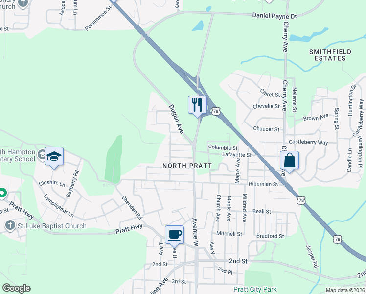 map of restaurants, bars, coffee shops, grocery stores, and more near 1024 Lafayette Street in Birmingham