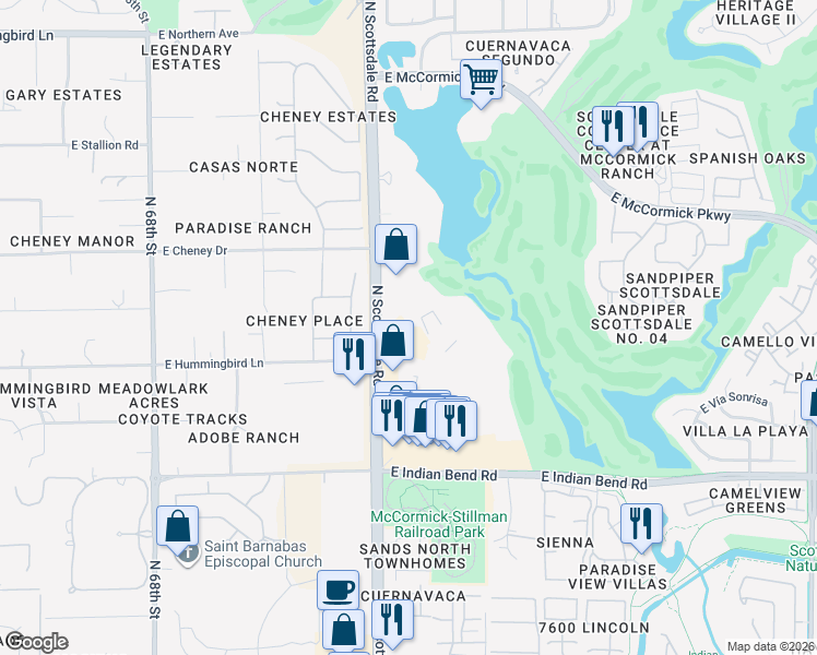 map of restaurants, bars, coffee shops, grocery stores, and more near 7291 North Scottsdale Road in Scottsdale