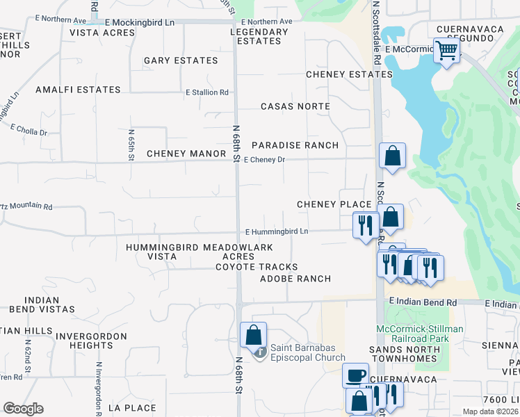 map of restaurants, bars, coffee shops, grocery stores, and more near 6830 East Hummingbird Lane in Paradise Valley