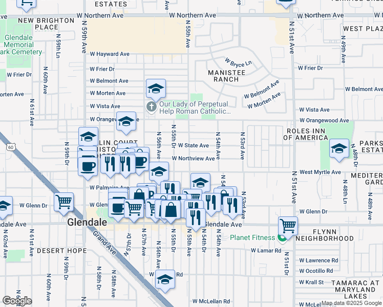 map of restaurants, bars, coffee shops, grocery stores, and more near 7220 North 55th Avenue in Glendale