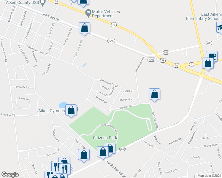 map of restaurants, bars, coffee shops, grocery stores, and more near 226 Reid Drive in Aiken