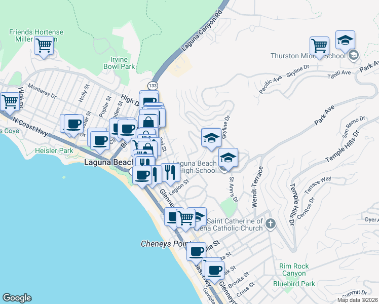 map of restaurants, bars, coffee shops, grocery stores, and more near 480 Blumont Street in Laguna Beach