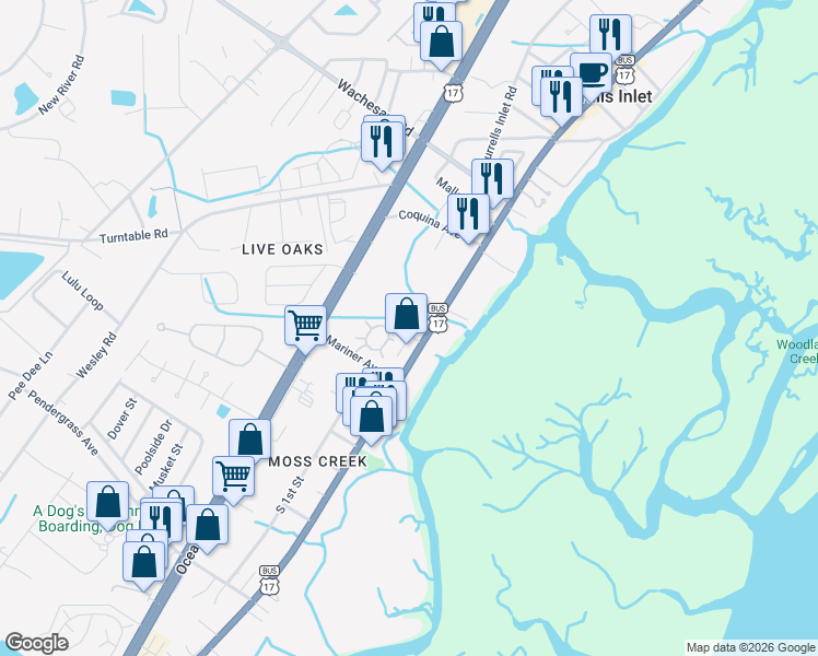 map of restaurants, bars, coffee shops, grocery stores, and more near 4840 Moss Creek Loop in Murrells Inlet