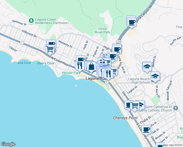 map of restaurants, bars, coffee shops, grocery stores, and more near 275 Lower Cliff Drive in Laguna Beach