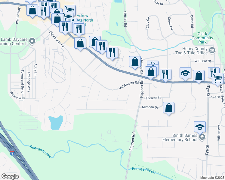 map of restaurants, bars, coffee shops, grocery stores, and more near 156 Old Atlanta Road in Stockbridge