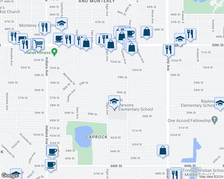 map of restaurants, bars, coffee shops, grocery stores, and more near 2822 56th Street in Lubbock