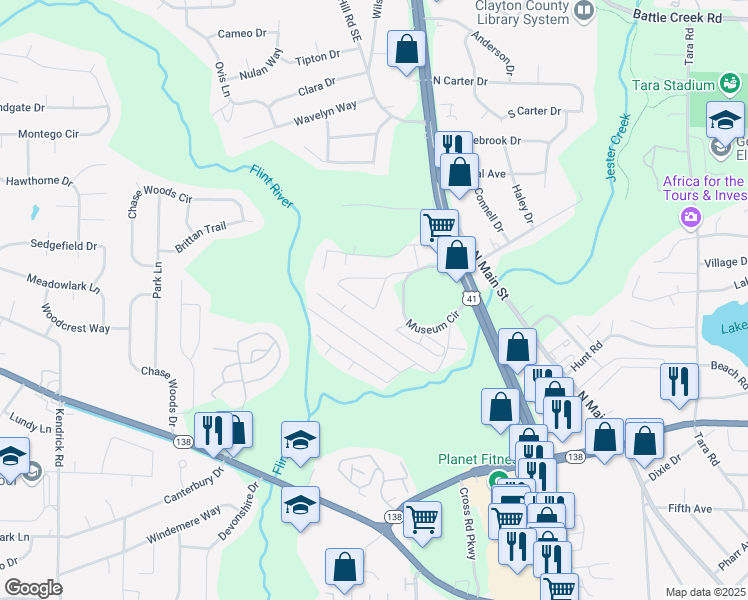 map of restaurants, bars, coffee shops, grocery stores, and more near 525 Museum Circle in Jonesboro