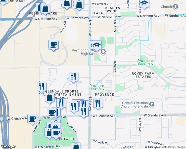 map of restaurants, bars, coffee shops, grocery stores, and more near 9026 West State Avenue in Glendale