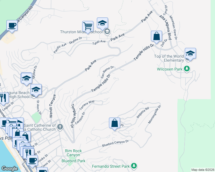 map of restaurants, bars, coffee shops, grocery stores, and more near 1933 Upper Rim Rock Road in Laguna Beach