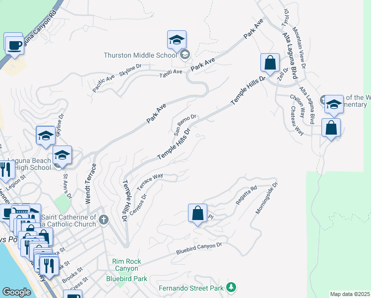 map of restaurants, bars, coffee shops, grocery stores, and more near 1950 Upper Rim Rock Road in Laguna Beach