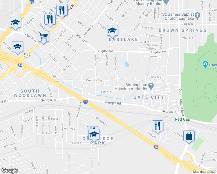 map of restaurants, bars, coffee shops, grocery stores, and more near 6913 66th Street South in Birmingham